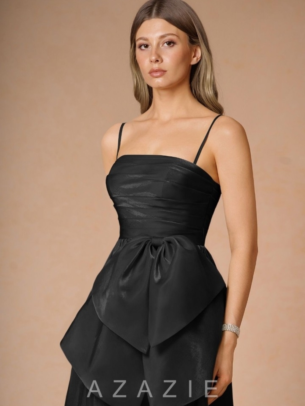 Azazie Strapless Black Peplum Gown with Front Slit - Picture 2 of 4